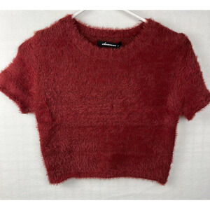 Olivaceous Cropped Sweater Top Womens Medium Ruby Red Fuzzy Knit Pullover
